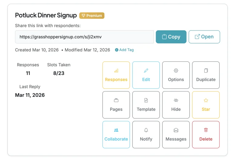 Dashboard form card showing action buttons like Responses, Edit, Options, and more