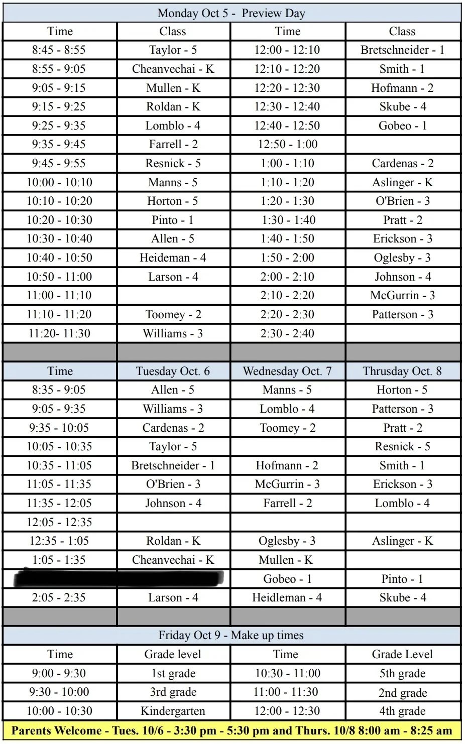 Book Fair Class Schedule:
